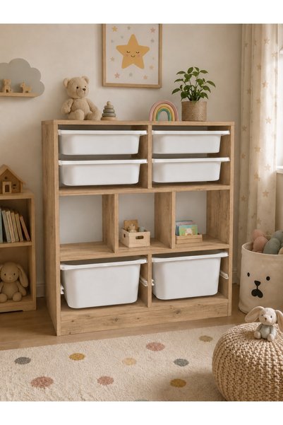 DEKOZUM PANDA 6 Sepetli Oyuncak Dolabı Kitaplık Oyuncak Organizer Oyuncak Box...