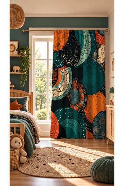 ALAMODECOR Geometrik Desenli Turuncu Tek Kanat Fon Perde
