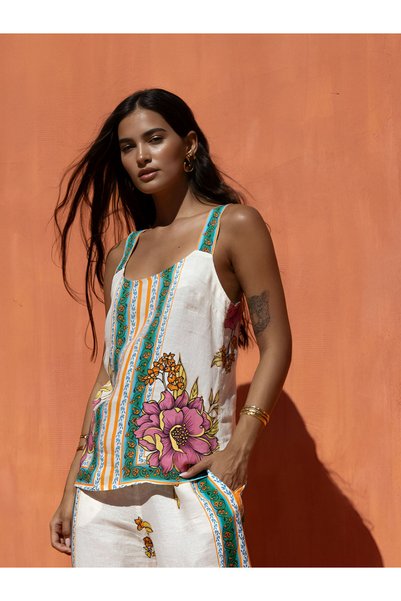 NEMA RESORT Nema Resortwear Amalfi Tide Top Λινό – Εκρού Με Floral Print - M
