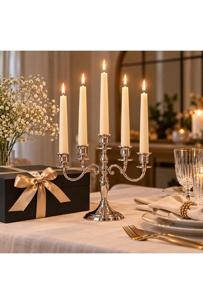 CozyGlow Taper Candle Set with Silver 5-Arm Candelabra – 5 Handcrafted Unscen...
