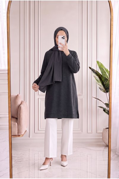 MİHRA STORE Mahzade Long Pique Tunic with Side Slits - Ek1148 Anthracite