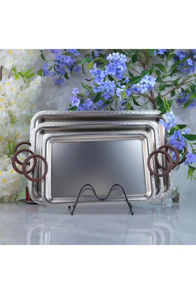 Generic Modern Design Stainless Steel and Wood Serving Tray Set - Matte Nicke...