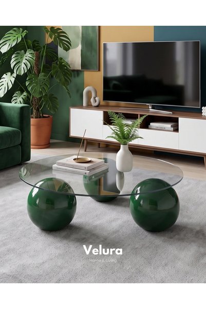 Velura Home & Living Küre Orta Sehpa - Koyu Yeşil - Yuvarlak Şeffaf