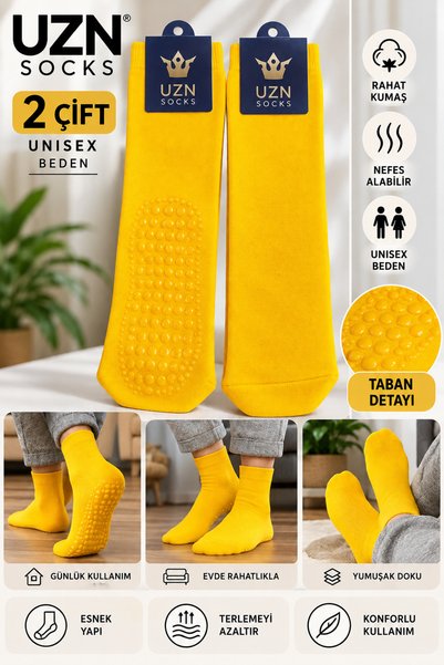 UZN SOCKS 2 Çift Sarı Unisex Kaydırmaz Tabanlı Pilates Yoga ve Reformer Çorabı