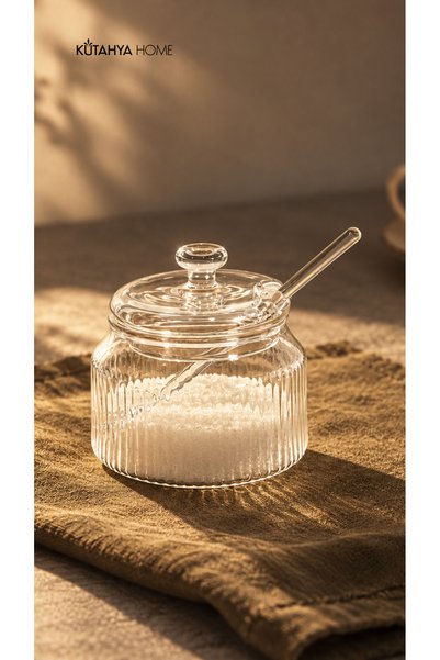 qtahya homes queen of kütahya Flora Cam Kaşıklı Şekerlik 225 ml Çizgili Cam K...