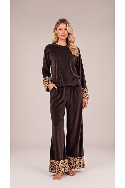 MOPİ Women's Plus Size Plush Fur Cuffed Velvet Pajama Set Home Wear
