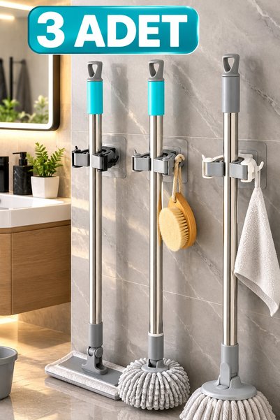 VİSLUNA ( 3 Adet ) Mop Tutucu Fırça Sapı Tutucu Pratik Banyo Fayans Yapışkanlı Duvar Askı Aparatı Sihirli Tutacak