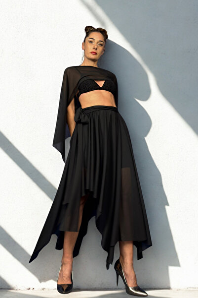 Quincey Black Asymmetric Long Tulle Skirt