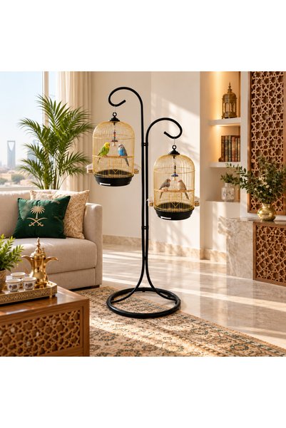 Dayang Round Black & Gold Bird Cage with BS03 Black Hanging Metal Stand Combo - 33x63 cm