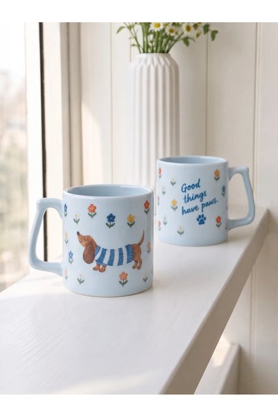 Porcelland Sosis Köpek ve Çiçek Desenli Mavi Porselen Kupa 325 ml – Köpek Sev...