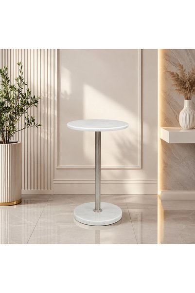 Generic Round Side Service Table with White Marble Top and Silver Column (35X56 cm) – Integrated Luxury and Elegance to Your Living Space