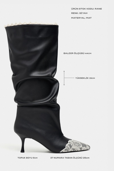 NİŞANTAŞI SHOES Rane Black Matte Pointed Toe Lace Detail Thin Heeled Bellows Women's Boots