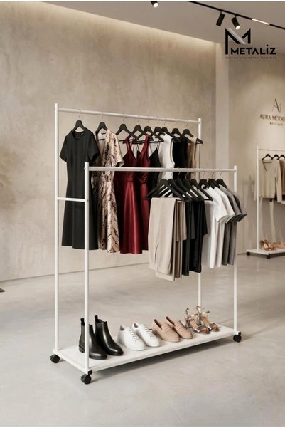 METALİZ YENİLİKÇİ TASARIMLAR Çift Askılı Tekerlekli Metal Elbise Askılığı Mdf...