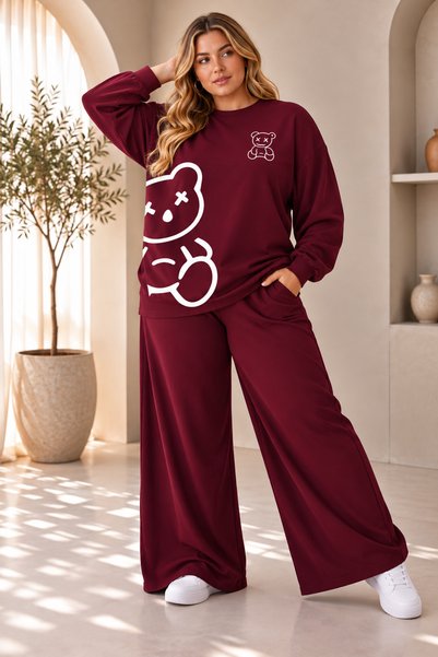 Rubonia Women's Plus Size Teddy Bear Printed 2-Piece Set – Oversized Crew Nec...