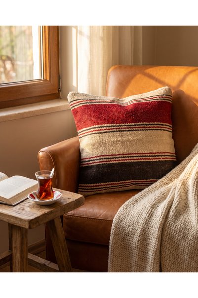 last icon Handwoven Kilim Cushion Cover 45X45 cm Cream Red Black Striped Zipp...
