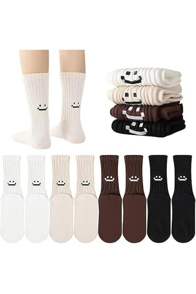TERRIFI 4 Pairs of Pilates Socks for Women, Cute Retro Smiling Face Design Ri...