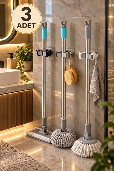 VİSLUNA ( 3 Adet ) Mop Tutucu Fırça Sapı Tutucu Pratik Banyo Fayans Yapışkanlı Duvar Askı Aparatı Sihirli Tutacak