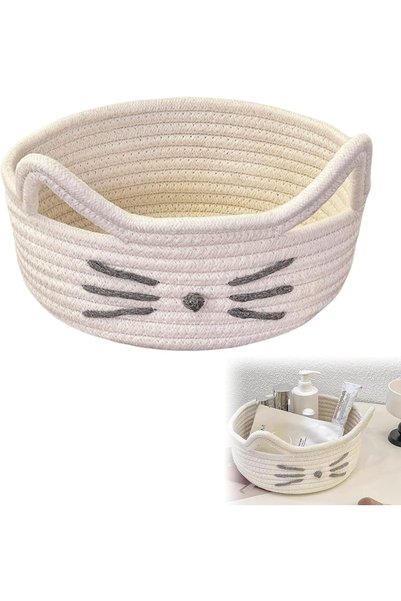 Generic Small Woven Cotton Rope Storage Basket with Cute Cat Pattern for Kids...