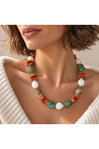 BIJUTERI Kly-1078 Turquoise, Tile and Cream Chunky Beaded Necklace |   Eos Collective