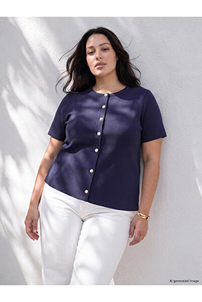LC Waikiki Lcw Curve Navy Blue Knitwear Plain Short Women's Cardigan with Nev...