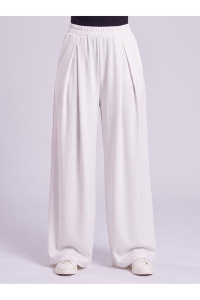 Bold & Young Women's White Modal Fabric Elastic Waist Pleated Front Wide Leg Pants