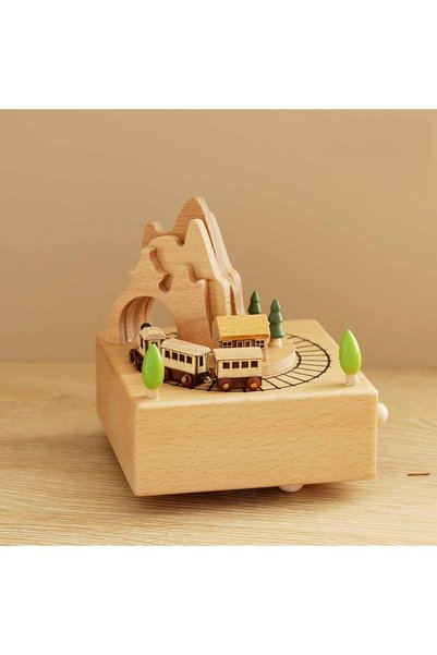 Generic Wooden Music Box with Movable Magnetic Train in Mountain Tunnel with ...