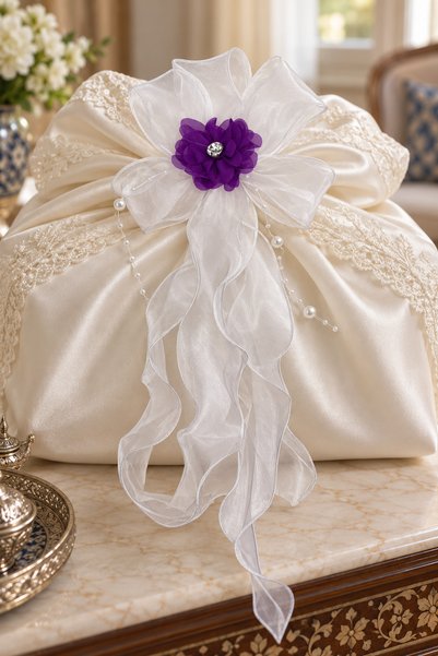 Hayalperest boncuk Çeyiz Bohça Süsü Organze Kurdeleli İnci Detaylı Çiçek Detaylı Gelin Damat Çeyiz Bavulu ve Düğün Konvoy Yan Ayna Süsü Mor