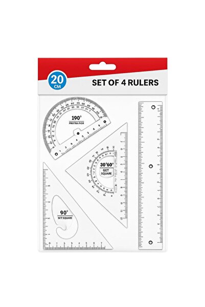 Generic Set of 4 Rulers - 20cm Scale, Protractor, Triangle, Ruler for School ...