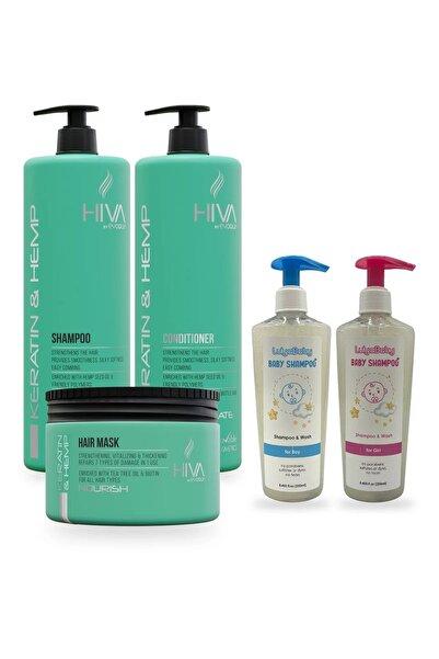 HİVA Set Family Shampoo Keratină & Cânepă: șampon, balsam, mască + 2 șampoane...