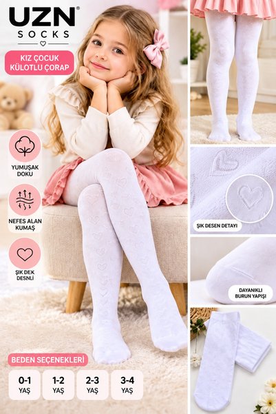 UZN SOCKS Kız Bebek Çocuk Kalp Desenli Beyaz Külotlu Çorap Dikişsiz Burun 0-4...