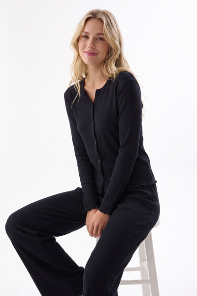 NBB Set pijamale camisole pentru femei, Noir Ribbed, cu nasturi în față, 100%...
