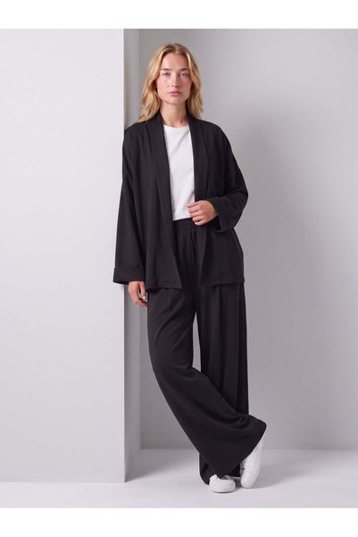Bold & Young Women's Black Modal Fabric Elastic Waist Pleated Front Wide Leg Pants