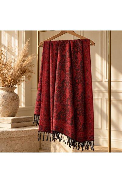 BIJUTERI Flr-5029 Red Black Paisley Patterned Double-Sided Pashmina Shawl |   Eos Collective