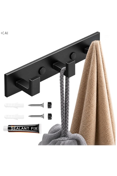 Gockowiak Suport prosoape baie negru stil loft cu cârlige 26 cm