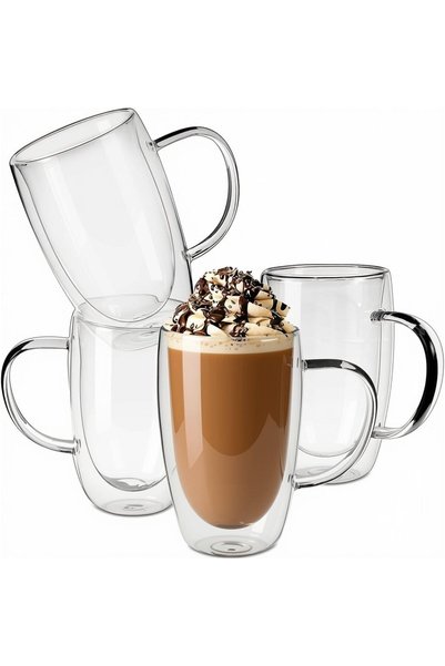 Generic Set of 4 Double Walled Glass Coffee Mugs with Handles, 16oz (450ML) C...