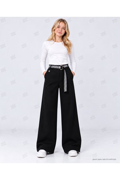 Minimoda Kids Kız Çocuk Ekose Kemerli Geniş Paça Pantolon