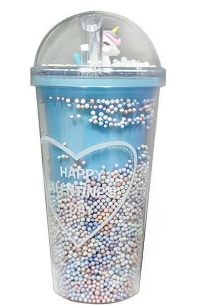 OEM Ποτήρι πλαστικό με καπάκι και καλαμάκι 450ml Unicorn Valentine SDS-24846