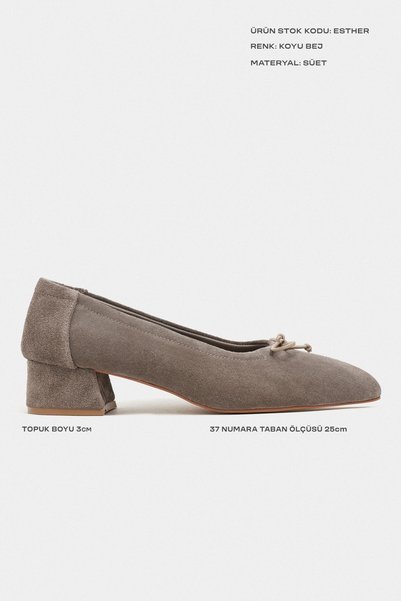 NİŞANTAŞI SHOES Esther Dark Beige Suede Leather Bow Detail Thick Heel Women's Ballerinas