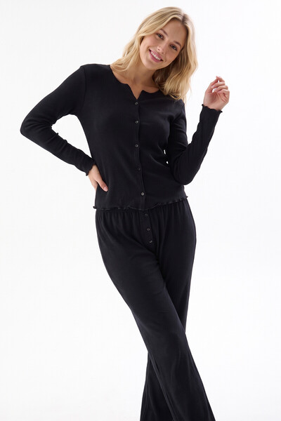 NBB Women's Camisole Pajama Set, Noir Ribbed, Front Buttoned, 100% Cotton, Long Sleeve