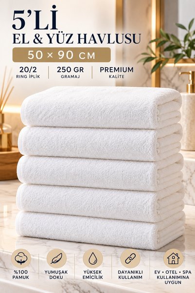 CASA VIRA 5'li Beyaz El ve Yüz Havlusu 50x90 cm 20/2 Ring İplik 250gr Otel Ti...
