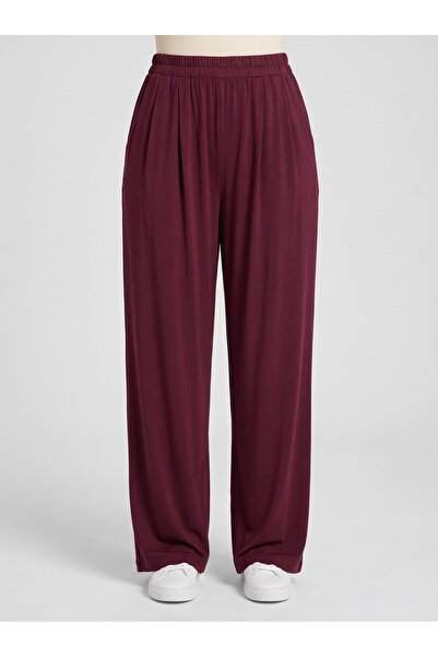 Bold & Young Women's Burgundy Modal Fabric Elastic Waist Pleated Front Wide Leg Pants