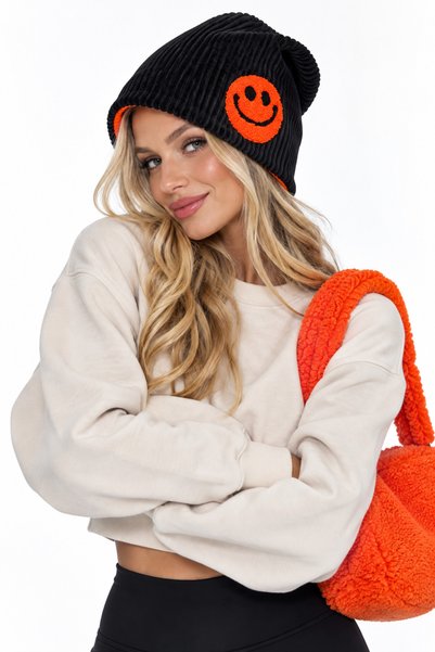 la polario Smile Süzene Embroidered Corduroy Unisex Beanie with Fleece Lining