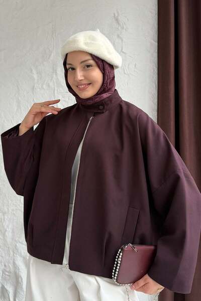 Modaensarbutik Gizli Fermuarlı Pile Detaylı Bomber Ceket-MÜRDÜM
