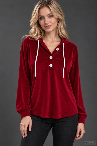 Modayakamoz Velvet Texture, Hooded Style - Women's White Button Detailed Long...
