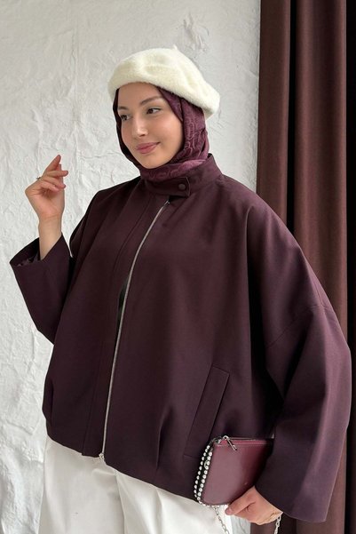 Modaensarbutik Gizli Fermuarlı Pile Detaylı Bomber Ceket-MÜRDÜM