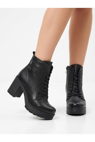 Voyager Women's Black Genuine Leather Thick Heeled Platform Non-Slip Sole Cas...