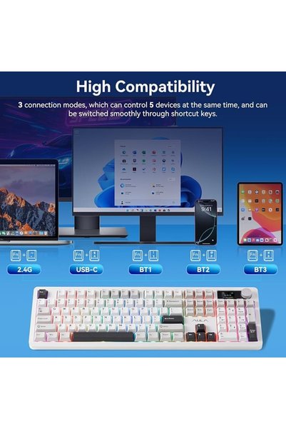 Aula لوحة مفاتيح لاسلكية F106PRO، لوحة مفاتيح ميكانيكية كاملة الحجم مع مقبض وشاشة للتحكم بالوسائط، بطارية 8000 مللي أمبير