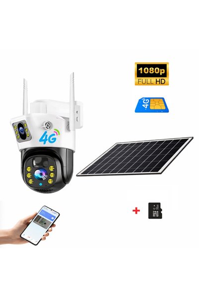 OEM 4G Dual Video Camera with Solar Panel, 350° Rotation, Night Vision, White...