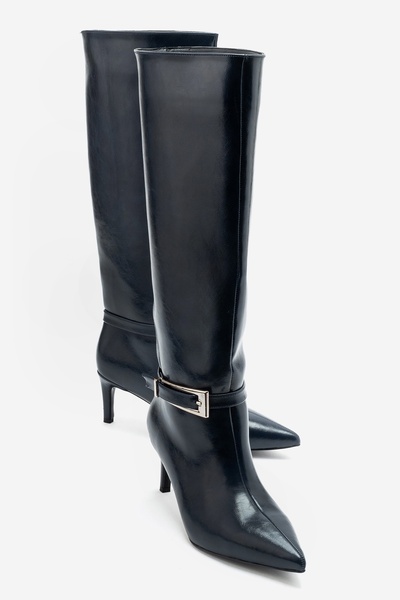 LuviShoes Tilda Navy Blue Leather Belted Women's Thin Heeled Boots