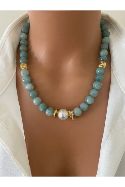 TARZ-I TAKI "Limited Stock" Natural Stone Blue Agate Pearl Detail Necklace & Earrings Dual Set